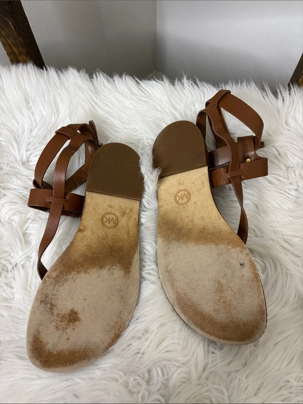 Michael Kors Tan Brown Leather Ankle-Strap Thong Sandals Size 7